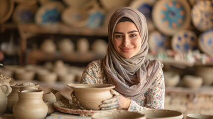 A woman of Middle Eastern descent wearing hijab takes a pottery class to learn a new skill