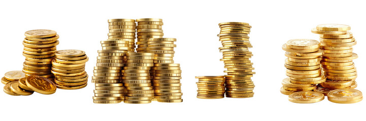  Set of golden Stacks of shiny coins on white background , transparent png 