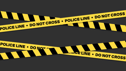 Yellow Police Warning Tape Wrapped Around, Isolated on Dark Background. Police Lines, Wide Vector Design, Banner for Web, Social Media. 