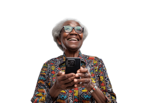 Elderly African Woman With Phone Smiling