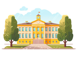 The front view of the design of government school buildings in western countries. 2d flat illustration style. - obrazy, fototapety, plakaty