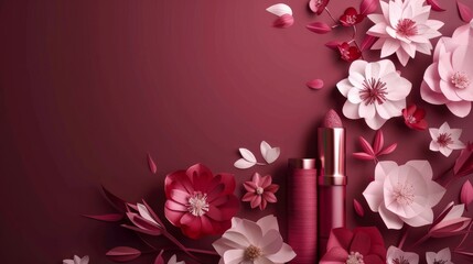 3D illustration of burgundy red background with paper art blossoms.