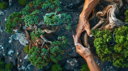 banner background National Gardening Day theme, and wide copy space, An overhead shot of a gardener's hands pruning a bonsai tree with delicate precision,
