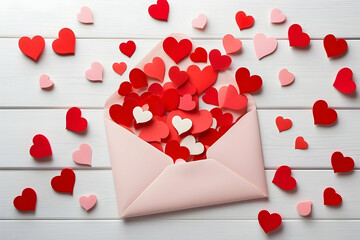 An open envelope filled with a multitude of red and pink paper hearts depicts sentiments of love and affection