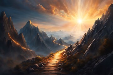  Path to success concept, with a glowing light path going up the mountain design. 