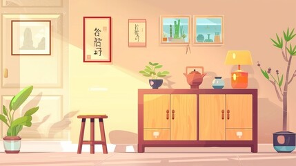 Stylish living room with stool and cabinet, Chinese text translation: spring and auspicious - obrazy, fototapety, plakaty