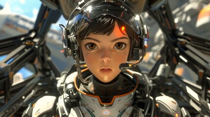 Determined young pilot in a mech suit cockpit, ready for a mission with a focused expression. - obrazy, fototapety, plakaty