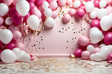 Festive background filled with pink and white balloons and golden confetti creates a celebratory mood