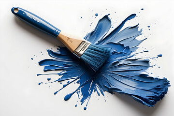Dynamic image of blue paint splashing dramatically from a bristle brush on a white backdrop