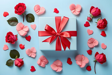 A romantic Valentine's Day setup featuring a gift box and scattered rose petals and roses on a blue backdrop