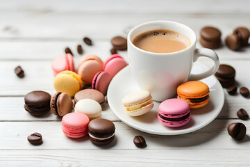 Obraz na płótnie Canvas A delightful selection of colorful macarons artfully arranged around a white coffee cup with scattered coffee beans