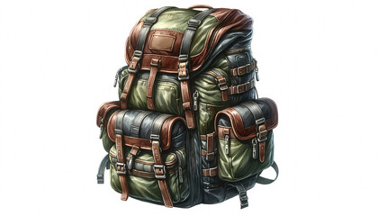 A backpack, packed and ready for adventure, detailed with pockets and straps