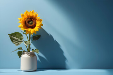 A vibrant sunflower in a white vase against a blue background creates a lively and cheerful atmosphere