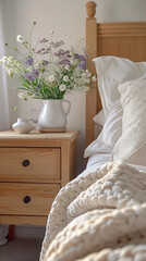 Close-up of a stylish bedside table vignette in a guest room, scandinavian style interior