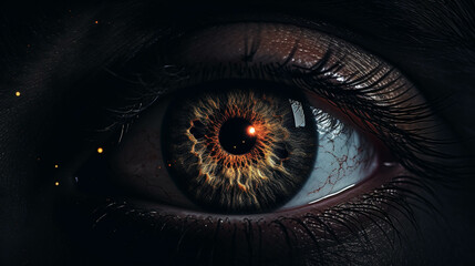 One eye close-up in a dark atmosphere with a dark space for text on the left --ar 16:9 --v 5.2 Job...