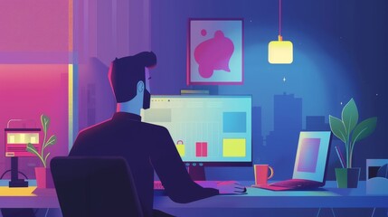 A man attending an online meeting at home during the COVID-19 outbreak, flat style illustration on a blue background - obrazy, fototapety, plakaty