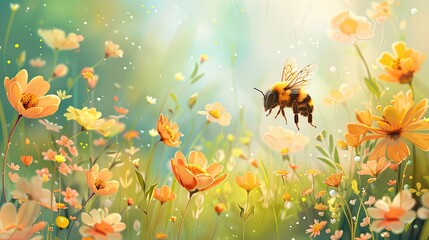 banner background National Gardening Day theme, and wide copy space, A cheerful cartoon bee buzzing around colorful flowers in a garden