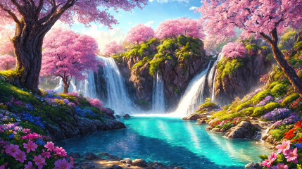 A beautiful paradise land full of flowers,  sakura trees, rivers and waterfalls, a blooming and magical idyllic Eden garden
