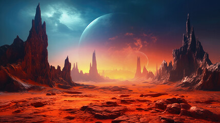 Landscape of an alien planet, beautiful view of red desert on another planet, fictional sci-fi background. - 783825054