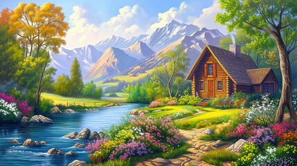Idyllic countryside summer landscape with wooden old houses, beautiful flowers and trees with the Alp mountains in the background, oil painting on canvas - 783825071
