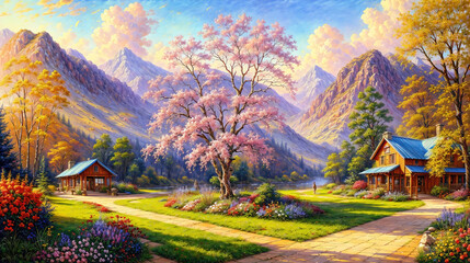 Idyllic countryside summer landscape with wooden old houses, beautiful flowers and trees with the Alp mountains in the background, oil painting on canvas - 783825073