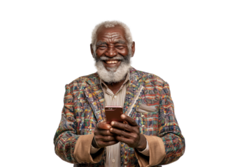 Elderly African Man Smiling with Smartphone