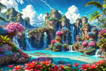 Fototapeta na wymiar A beautiful paradise land full of flowers, rivers and waterfalls, a blooming and magical idyllic Eden garden.