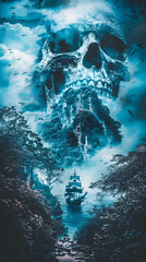galleon approaching a pirate cove skull island, dark atmospheric flyer, phase space, fog, mist,...