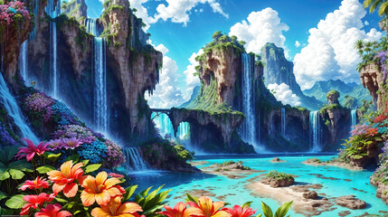 A beautiful paradise land full of flowers, rivers and waterfalls, a blooming and magical idyllic Eden garden. - obrazy, fototapety, plakaty
