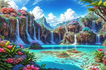 Waterfalls and flowers, beautiful landscape, magical and idyllic background with many flowers in Eden. - 783825089