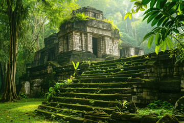 Aztec temple ruins in the jungle illustration.