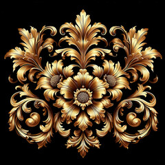 Gold flowers isolated on black, abstract floral background with metal golden flowers ornaments. - 783825218