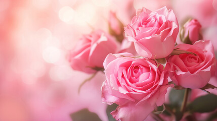 Pink roses background, many light pink flowers on a blurred background. - 783825259