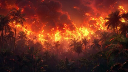   A forest teeming with numerous palm trees beneath a red and yellow-hued sky, dotted with distant flames and smoke