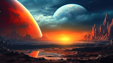 Landscape of an alien planet, view of another planet surface, science fiction background. - 783825286