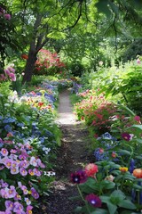 Fototapeta na wymiar Floral trail through lush garden creating a picturesque scene of natural splendor