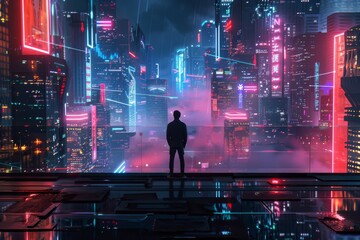 Solitary figure standing in futuristic cityscape with neon lights and rain, evoking cyberpunk aesthetics