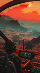 Space exploration concept with a pilot in a futuristic cockpit, overlooking an alien landscape at sunset