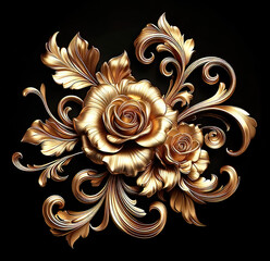 Gold roses flowers isolated on black, abstract floral background with metal golden flowers ornaments. - 783825299