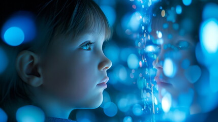 young child is captivated by glowing digital displays, reflecting modern technologys impact