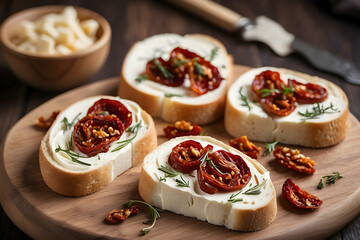 Gourmet bruschetta with cream cheese, sundried tomatoes and pine nuts on a wooden board ready to be served