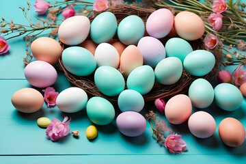 A variety of pastel colored Easter eggs artistically placed within a nest, surrounded by delicate flowers on a blue wooden background