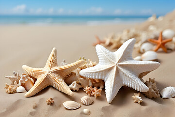 Fototapeta na wymiar Starfish and assorted seashells scattered on beach sand with waves in the background, evoking a tropical ambiance