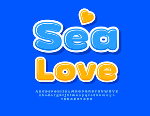 Vector advertising Banner Sea Love with decorative Heart. Modern Blue Font. Bright Creative Alphabet Letters and Numbers set.