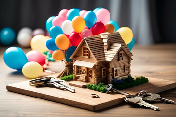 A playful setting of a well-crafted wooden house model surrounded by vibrant multicolored birthday balloons on a wooden surface