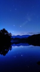 Naklejka premium Peaceful nighttime scene at a reflective lake under a star-studded sky, with the serenity of nature's twinkle