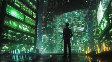 Futuristic stock market data visualization on multiple screens, a trader silhouetted against a backdrop of financial analytics