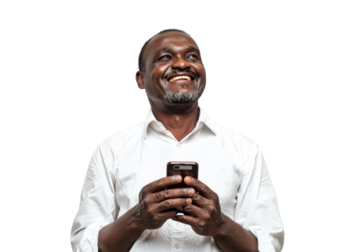 Smiling African Man Holding Phone