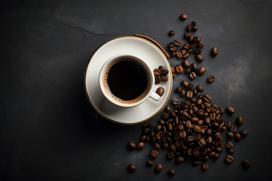 A top-down aesthetic of an elegant porcelain coffee cup surrounded by rich, scattered coffee beans on a dark surface