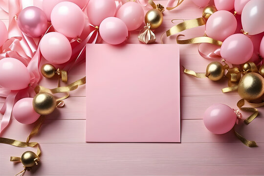 Delicate pink balloons, pastel note card, and golden ribbons create a celebratory mood, ideal for birthday or special occasion messages